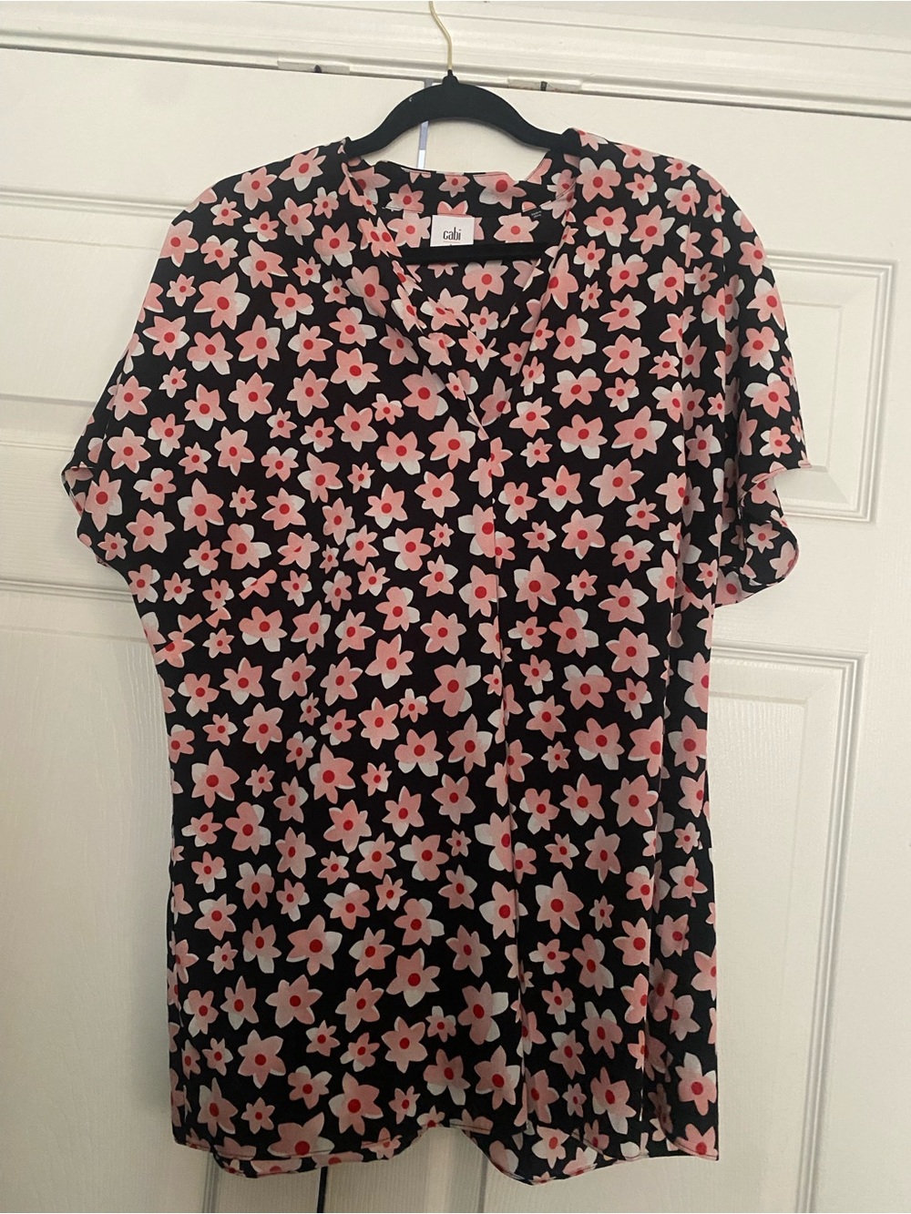CAbi Black Blouse with Pink and Coral Floral Print